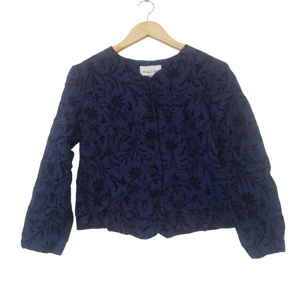 Vintage Jacket 10 Navy Blue  Velvet Burnout Damask Floral Button Up Whimsigoth